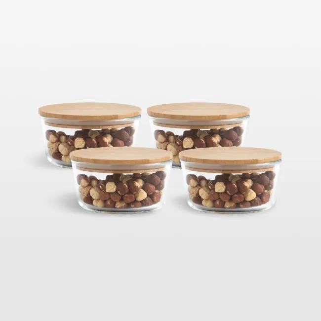 Crate & Barrel Round Glass Storage Container with Bamboo Lid, 2-cup, Set of 4