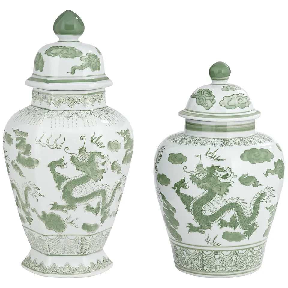 Sansui Green and White Ceramic Ginger Jars Set of 2