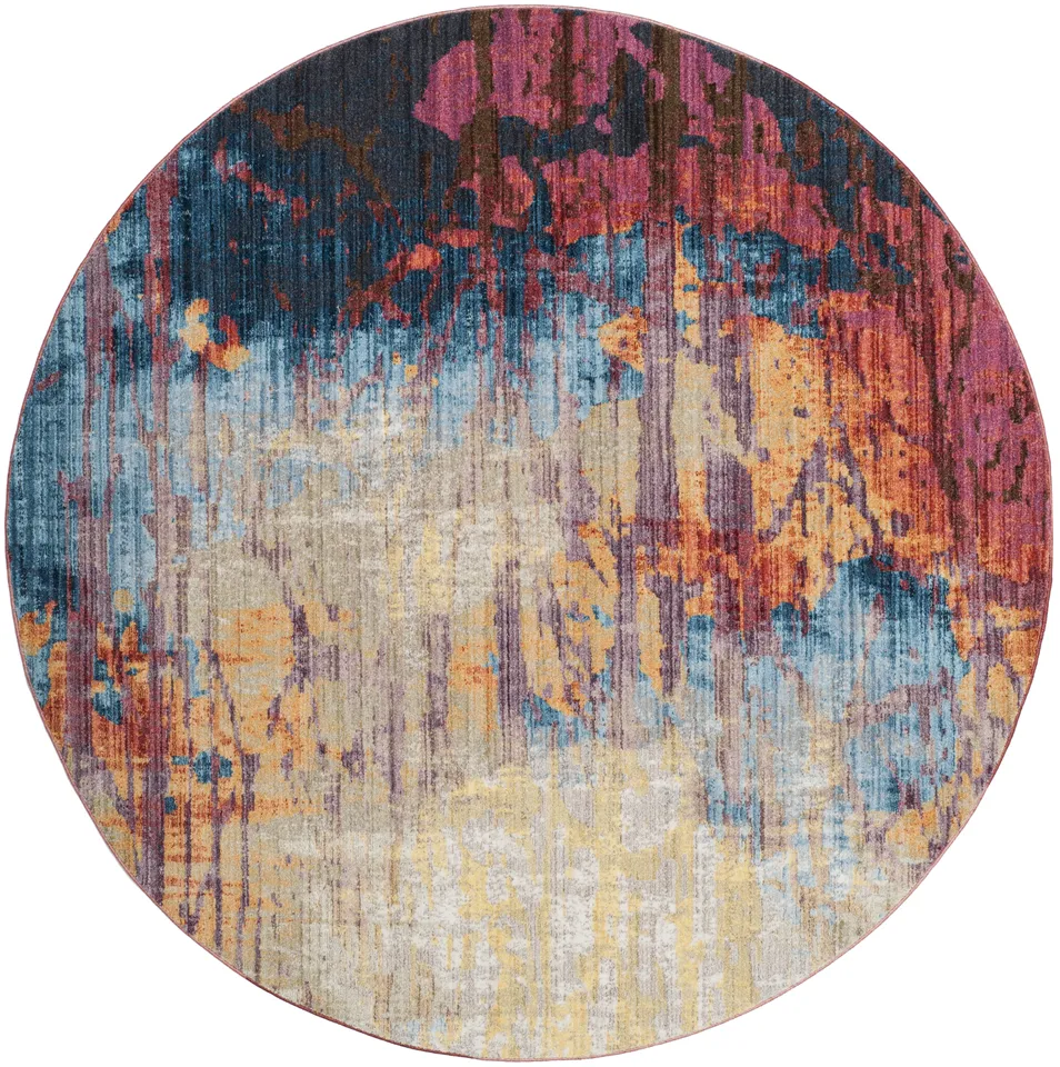 Arlo Home Woven Area Rug, BTL354F, Blue/Rust,  7' X 7' Round