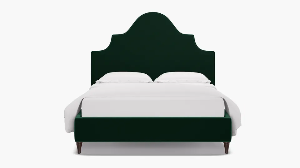 Statement Bed, Spruce Performance Plush Velvet, Espresso Decorative Tapered Leg, Queen