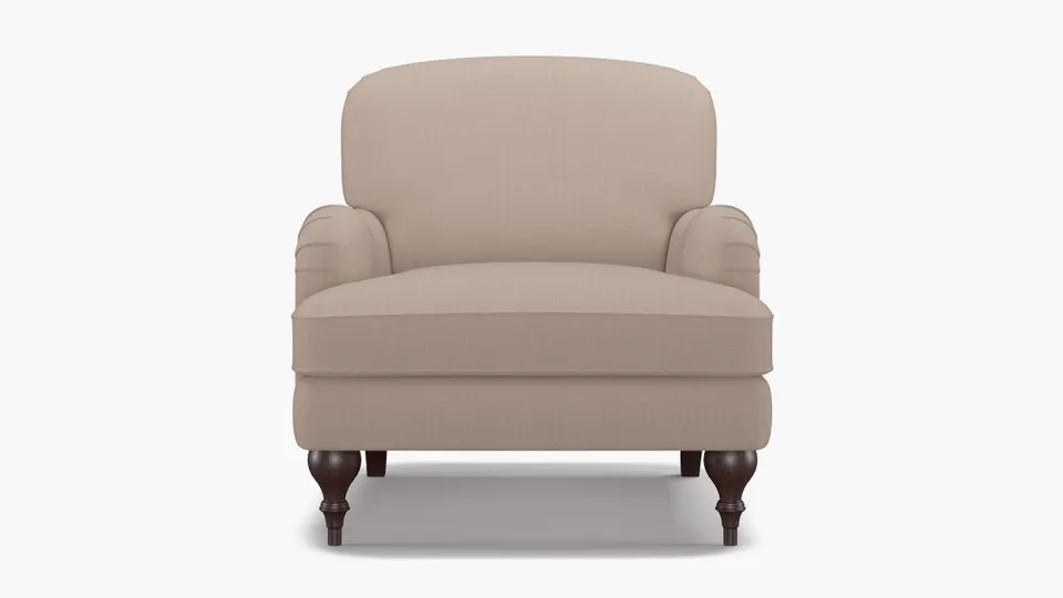 English Roll Arm Chair, Husk Everyday Linen, Espresso Turned Wood Leg