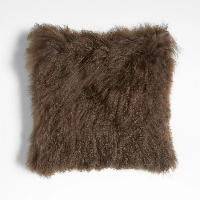 Deep Brown Mongolian Sheepskin 20"x20" Throw Pillow with Feather Insert