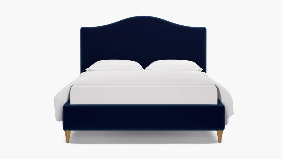 Camelback Bed, Navy Performance Velvet, Natural Decorative Tapered Leg, Full