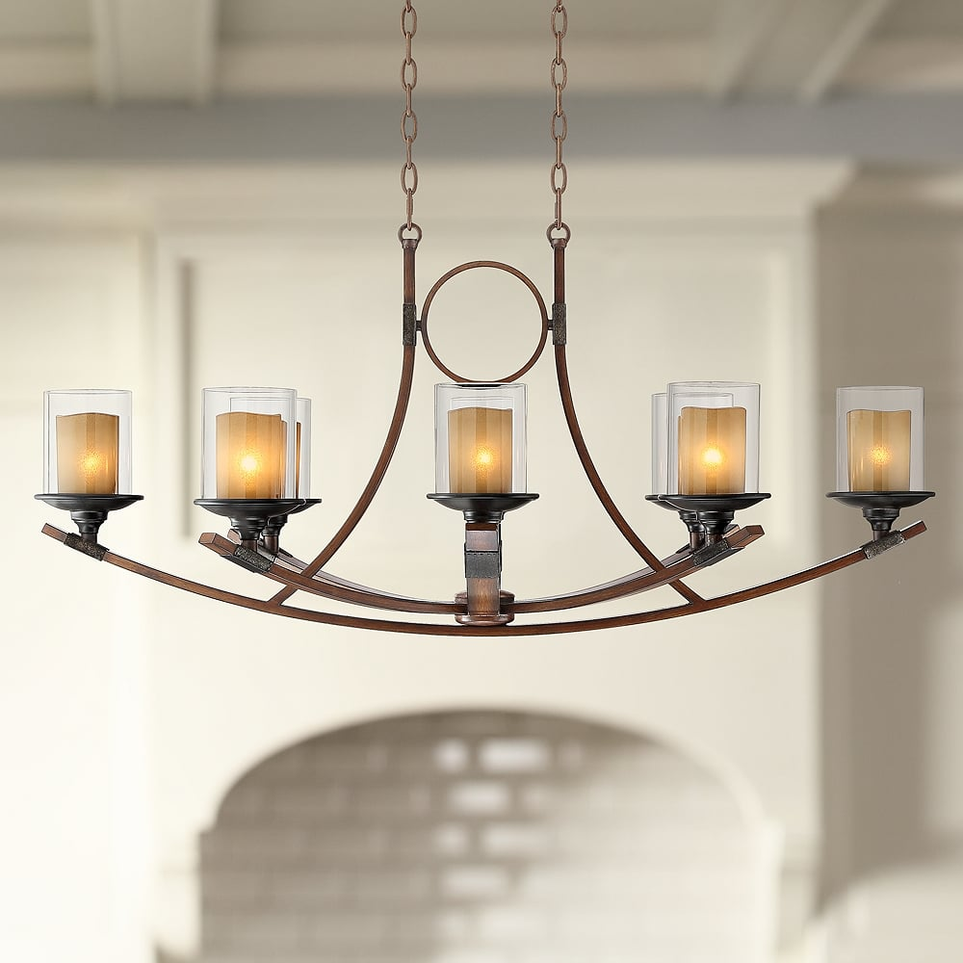 Franklin Iron Works 10-Light Linear Pendant Chandelier - Heritage Bronze With Clear Glass, 44" Wide, For Kitchen Island