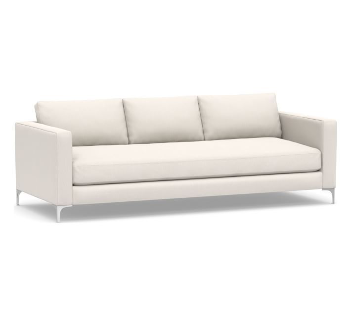 Jake Upholstered Grand Sofa 96" with Brushed Nickel Legs, Polyester Wrapped Cushions, Sunbrella(R)(R) Performance Chenille Salt
