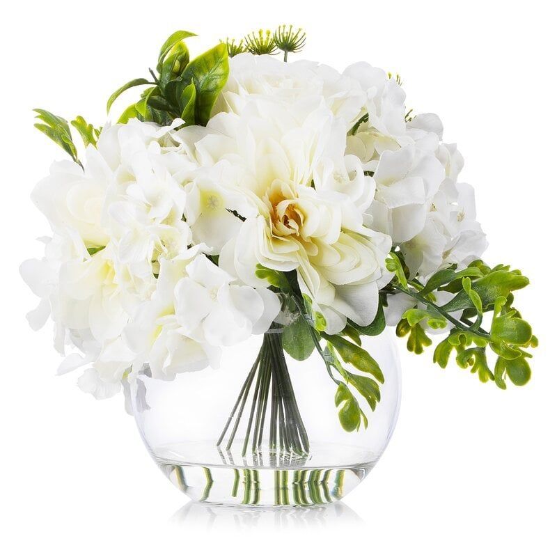 Cream Hydrangea Rose And Peony Mixed Silk Flower In Round Clear Glass Vase