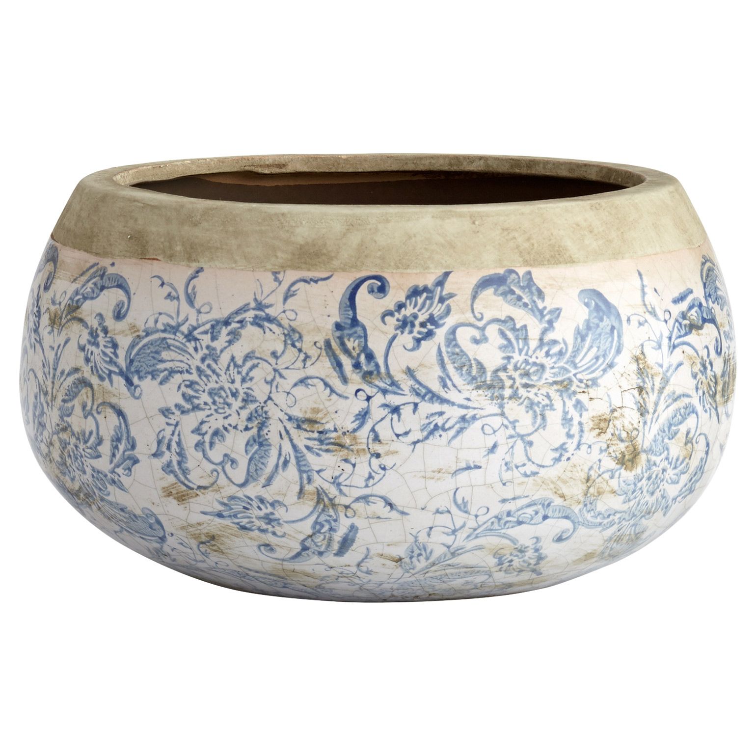 Isela Modern Classic Blue Accent White Crackle Terracotta Round Planter - Large