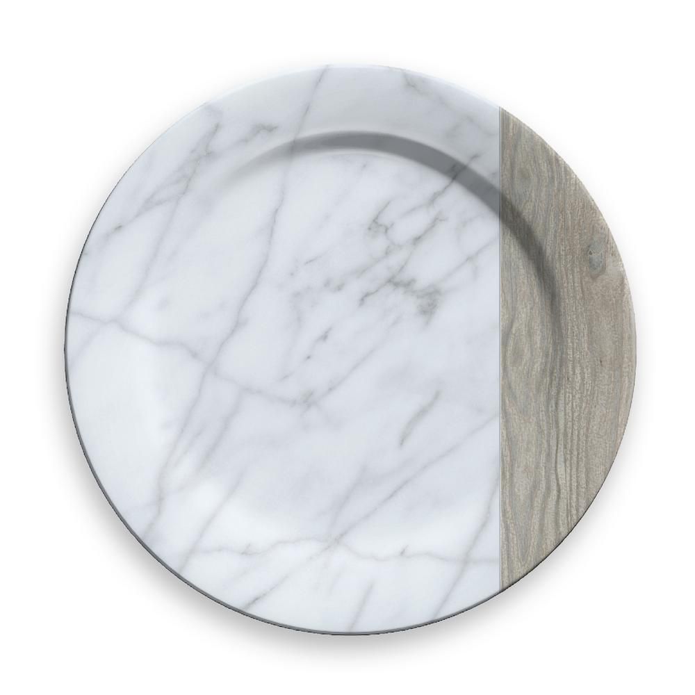Mixed Material Carrara And French Oak Charger (Set of 6), Mix Of White Marble And Light Wood Look