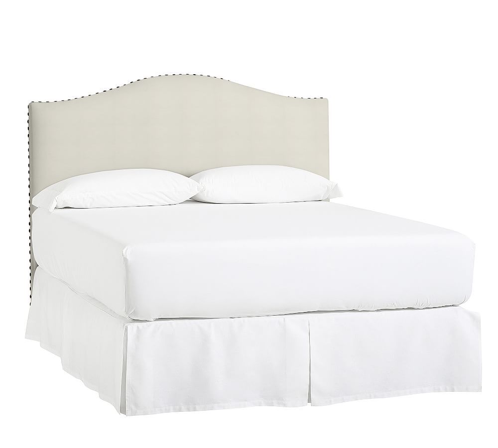 Raleigh Curved Upholstered Low Headboard with Bronze Nailheads, Queen, Basketweave Slub Ivory