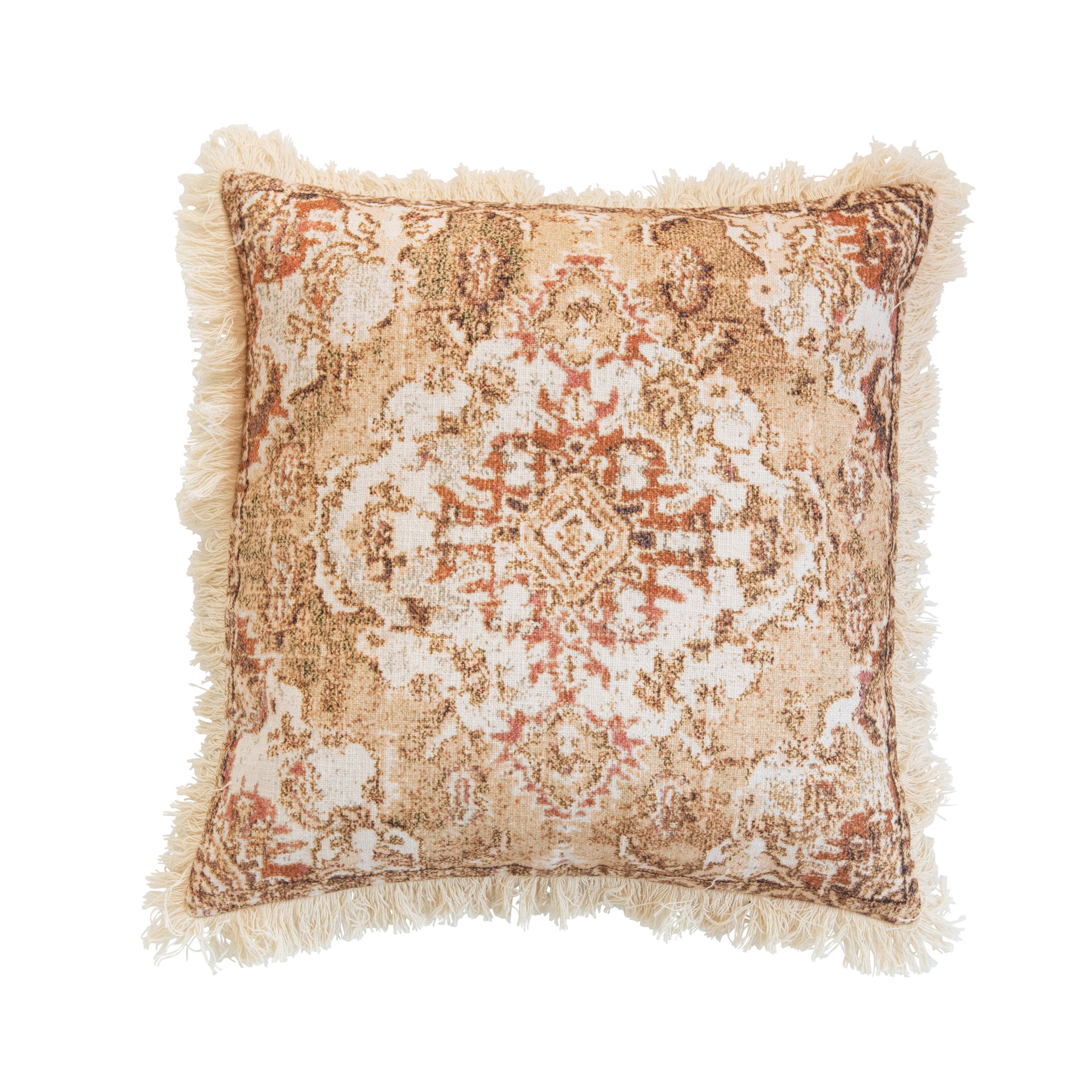 Distressed Cotton Printed Pillow with Fringe, Multi Color