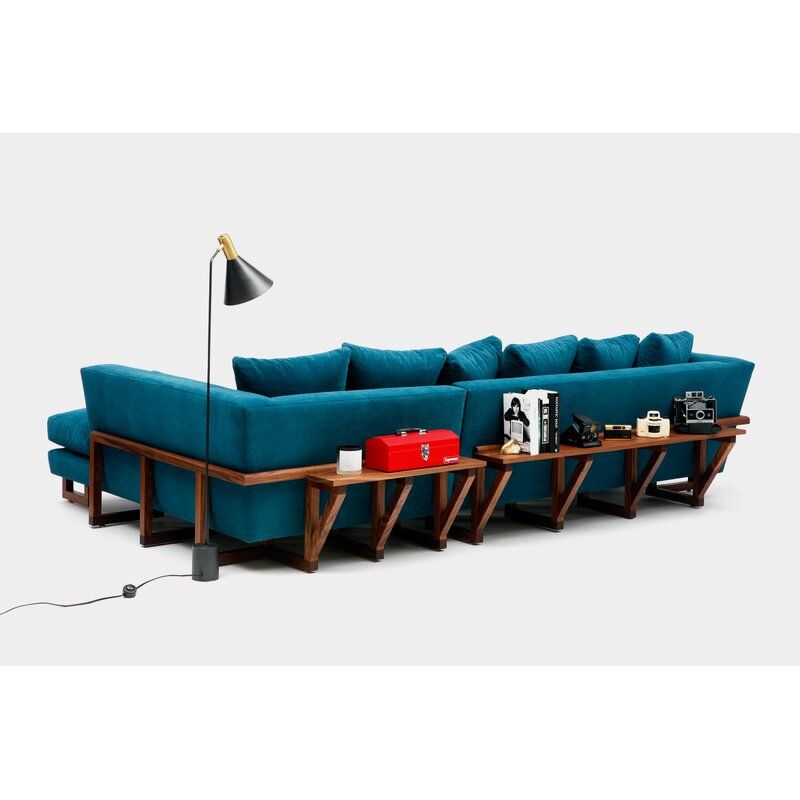 ARTLESS LRG 83" Right Hand Facing Sectional Upholstery: Peacock Velvet, Finish: Walnut, Accessories: Back Side Tray
