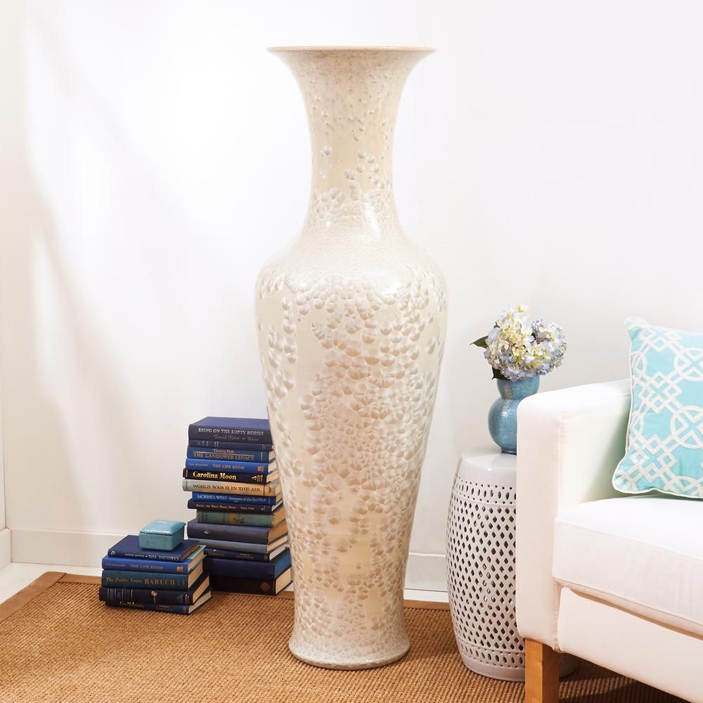 Two's Company 55 in. High Long Necked Ivory Colored Porcelain Vase with Mother of Pearl Effect