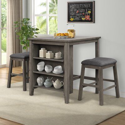 3 Piece Square Dining Table With Padded Stools Table Set With Storage Shelf Dark Gray