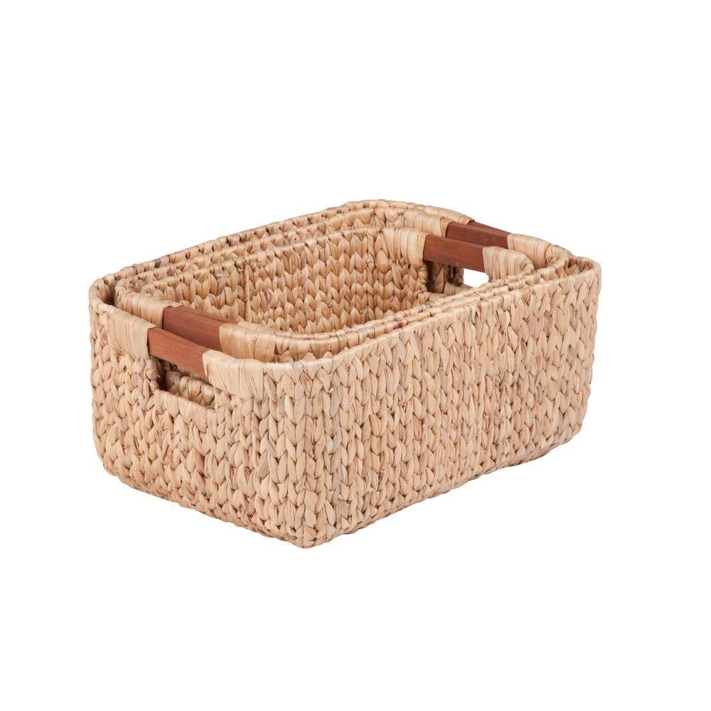 Water Hyacinth Basket Set with Wood Handles (3-Piece), Beige