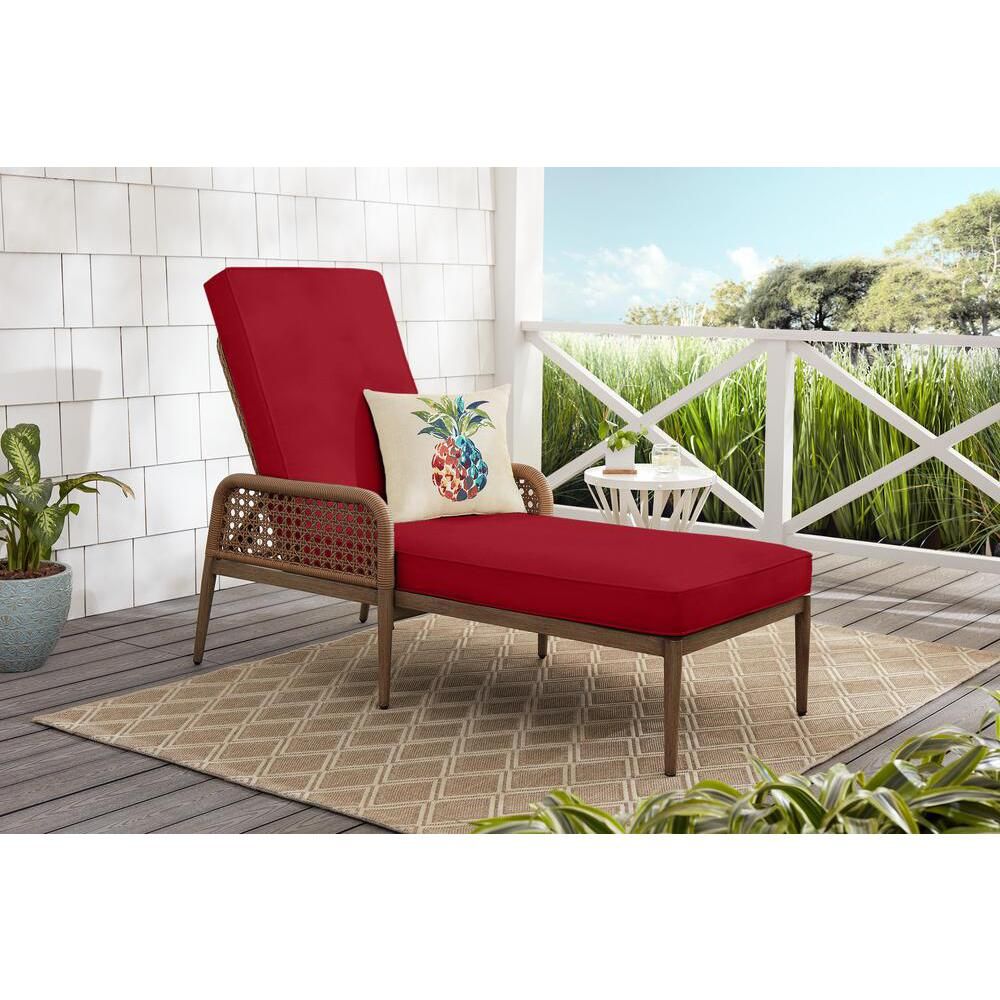 Hampton Bay Coral Vista Brown Wicker Outdoor Patio Chaise Lounge with CushionGuard Chili Red Cushions
