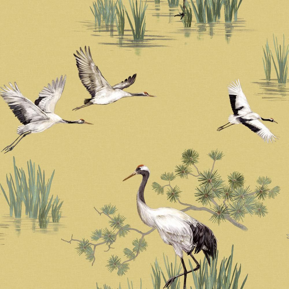 Walls Republic Yellow Cranes in Water Wallpaper / Dry Strippable Wallpaper (Double Roll)