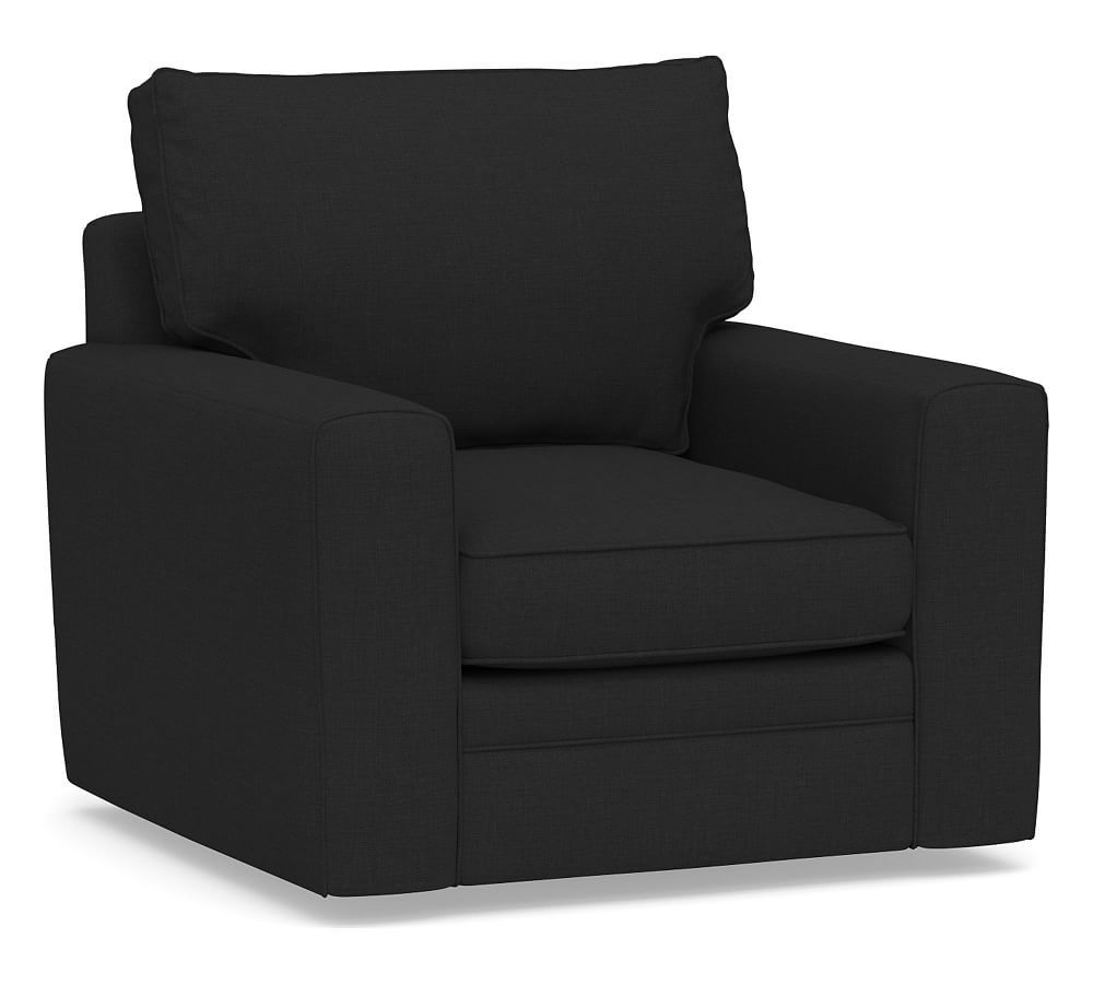 Pearce Square Arm Upholstered Swivel Armchair, Down Blend Wrapped Cushions, Textured Basketweave Black