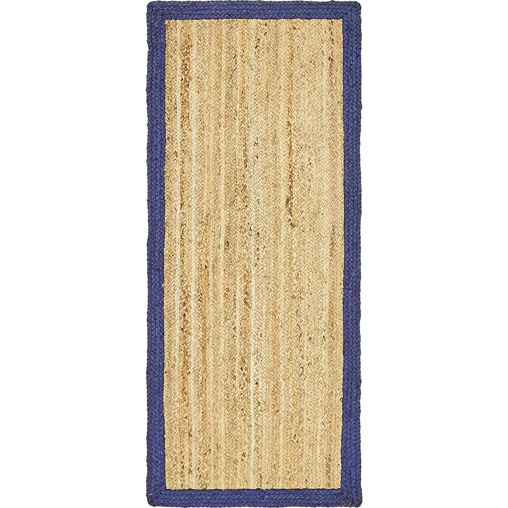 Braided Jute Natural 3 ft. x 6 ft. Runner Rug, Natural And Navy Blue