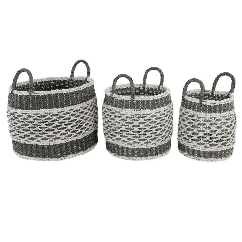 Litton Lane Large Round Gray and White Lattice Design Plastic Rope Storage Baskets (Set of 3)