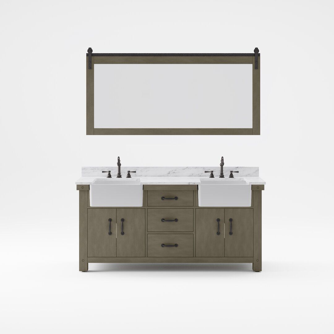 "Water Creation Paisley 72 In. Double Sink Carrara White Marble Countertop Vanity In Grizzle Gray With Mirror"