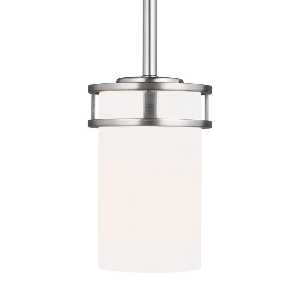 Sea Gull Lighting Robie 1-Light Brushed Nickel Craftsman Mini Pendant with Etched/White Inside Glass Shade