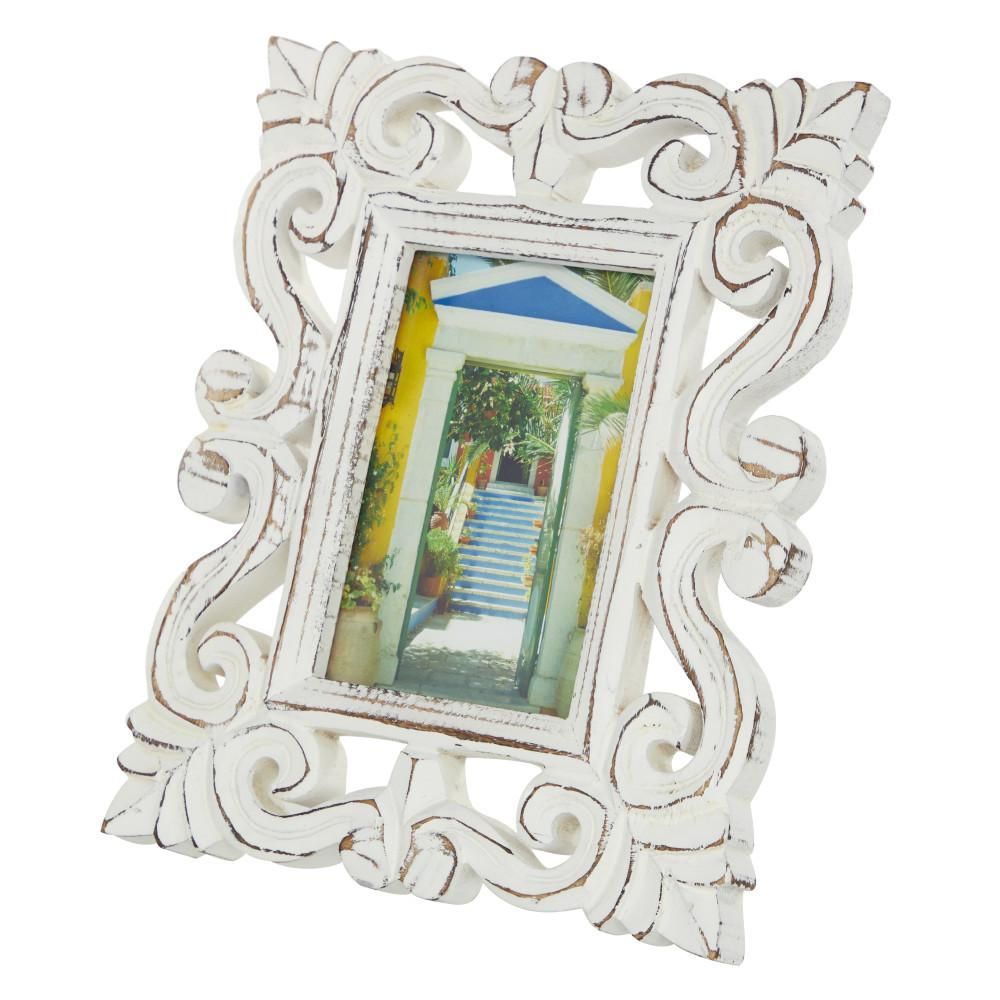 Litton Lane 4 in. x 6 in. Rectangular Hand-Carved Antique Picture Frame with Whitewash Finish, White
