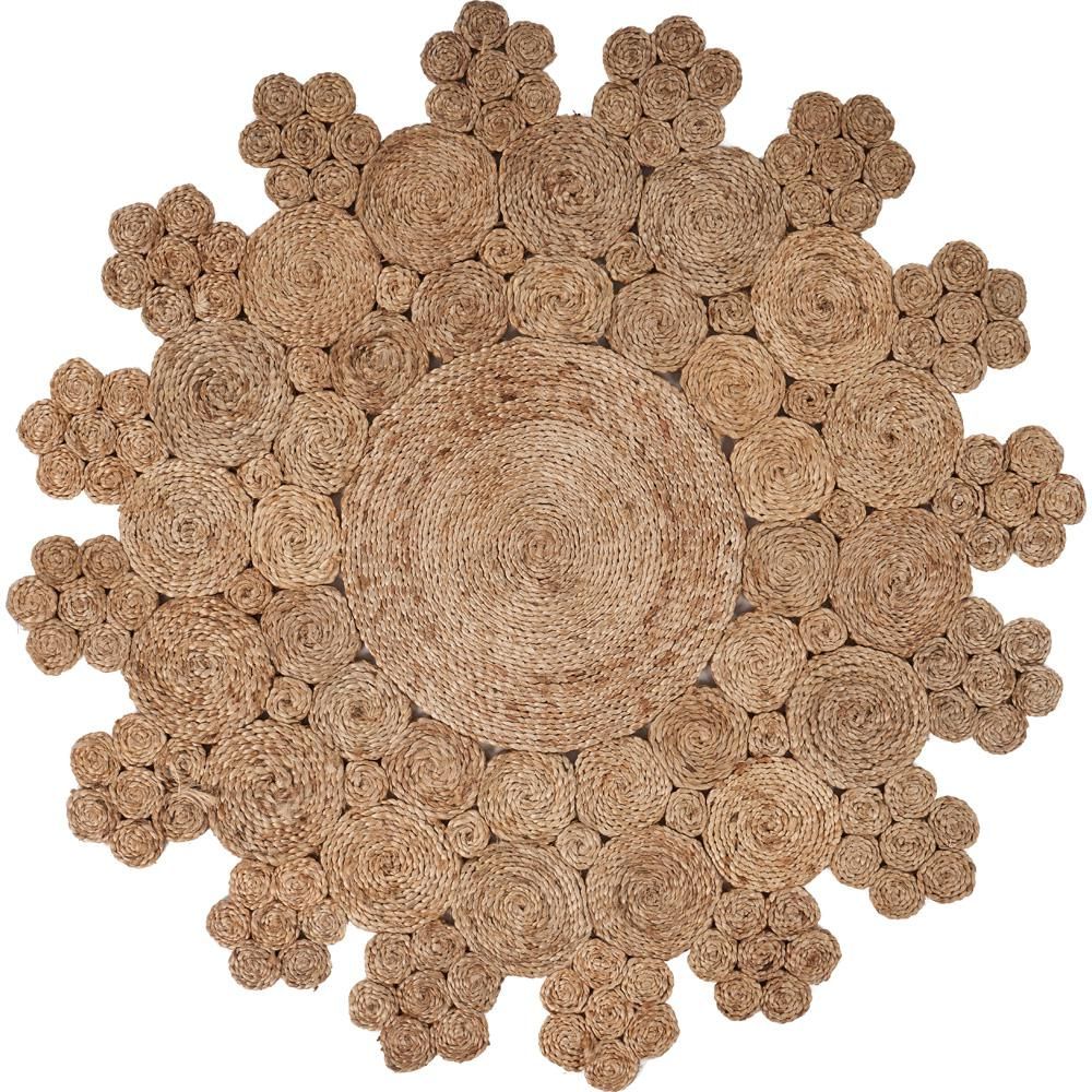 LR Home Snowflake Beige 6 ft. Round Dazzling Concentric Boutique Flower Natural Jute Area Rug