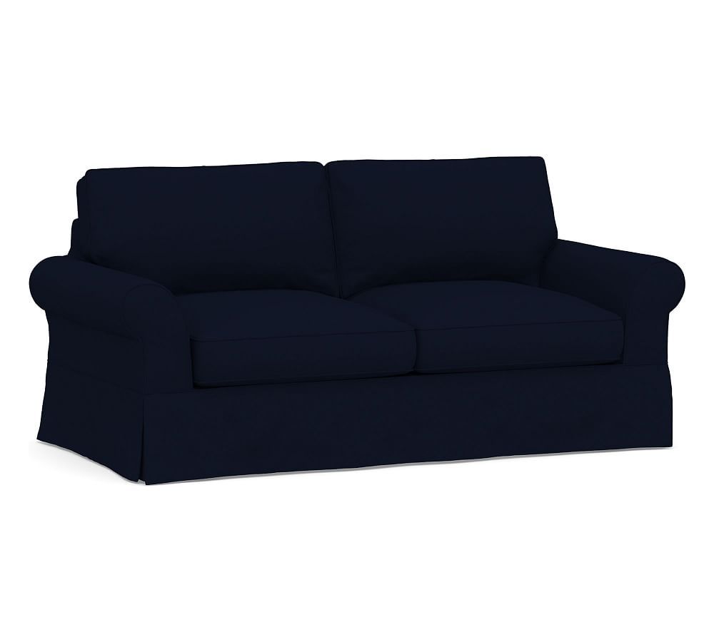 PB Comfort Roll Arm Slipcovered Sofa 83", Box Edge Down Blend Wrapped Cushions, Performance Everydaylinen(TM) by Crypton(R) Home Navy