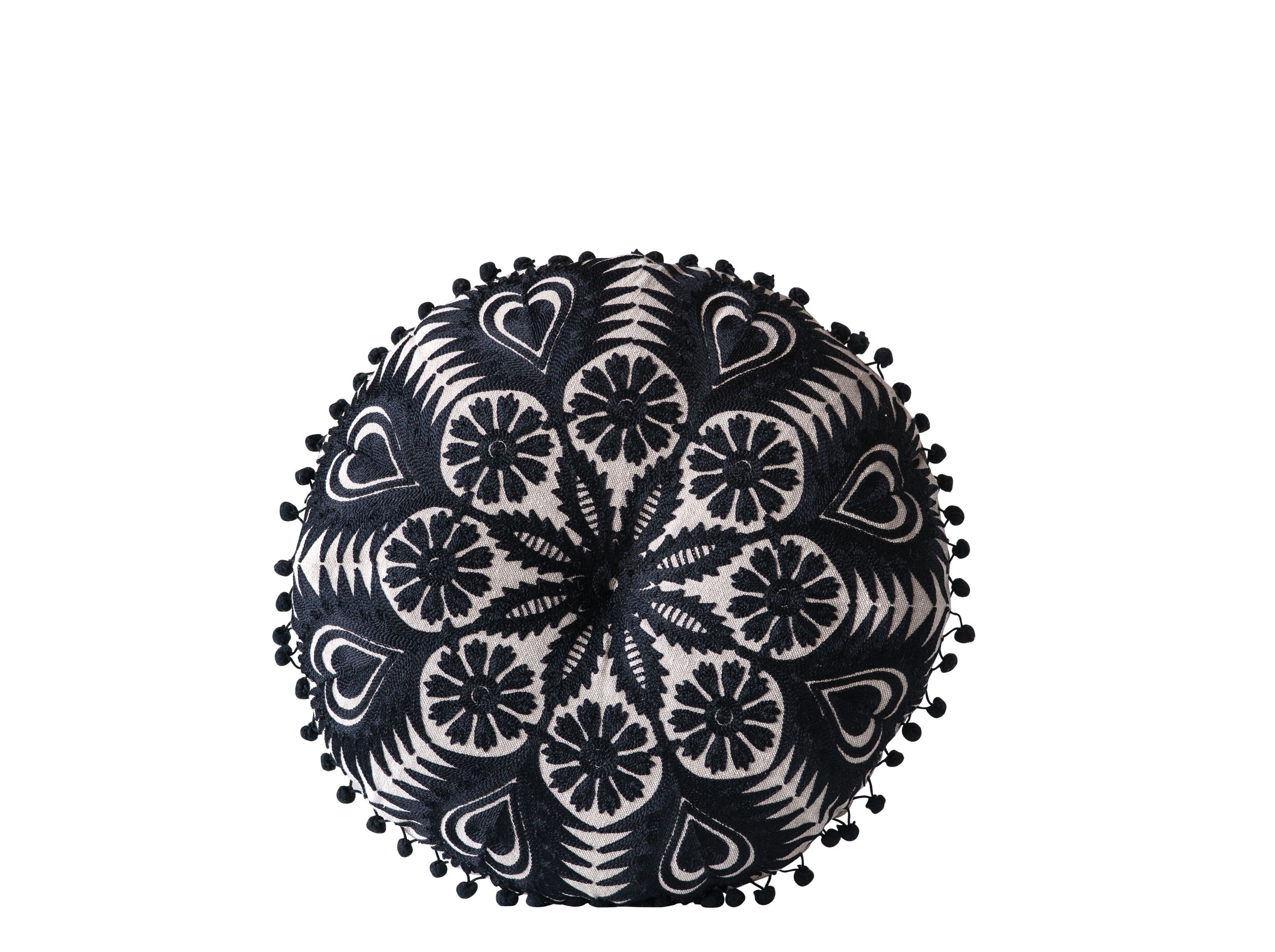 Black Round Cotton Chambray Pillow with Pom Poms