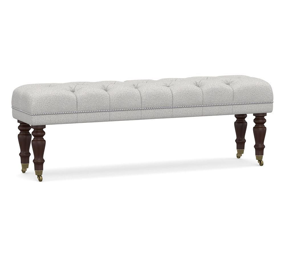 Raleigh Upholstered Tufted Queen Bench with Mahogany Legs & Pewter Nailheads, Park Weave Ash