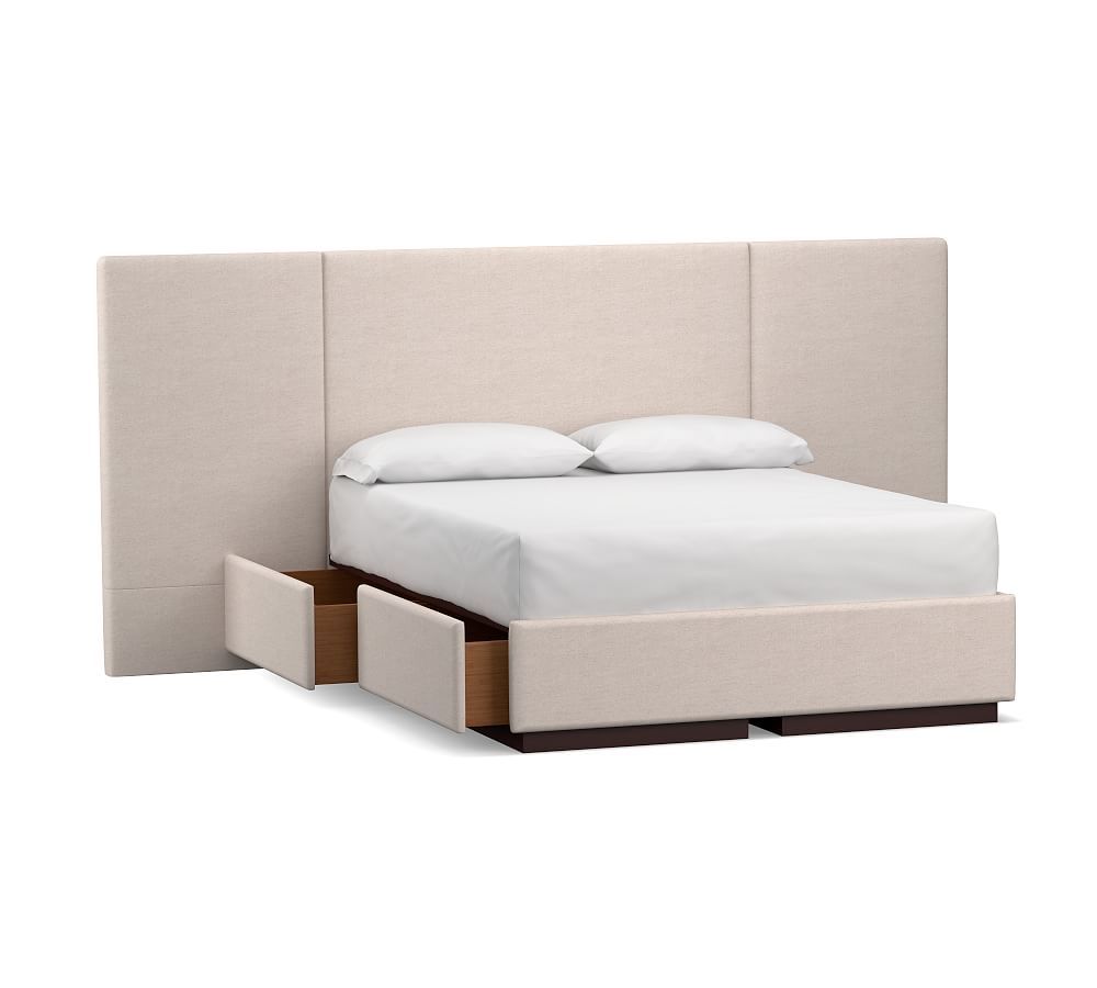 Sorento Upholstered Headboard and Side Storage Platform Bed, Queen, Park Weave Ash