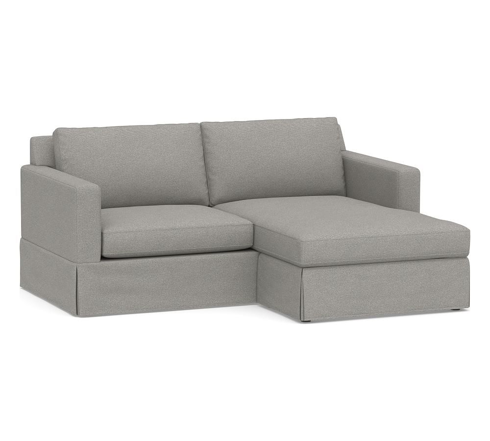 Sanford Square Arm Slipcovered Loveseat with Reversible Storage Chaise Sectional, Polyester Wrapped Cushions, Performance Heathered Basketweave Platinum