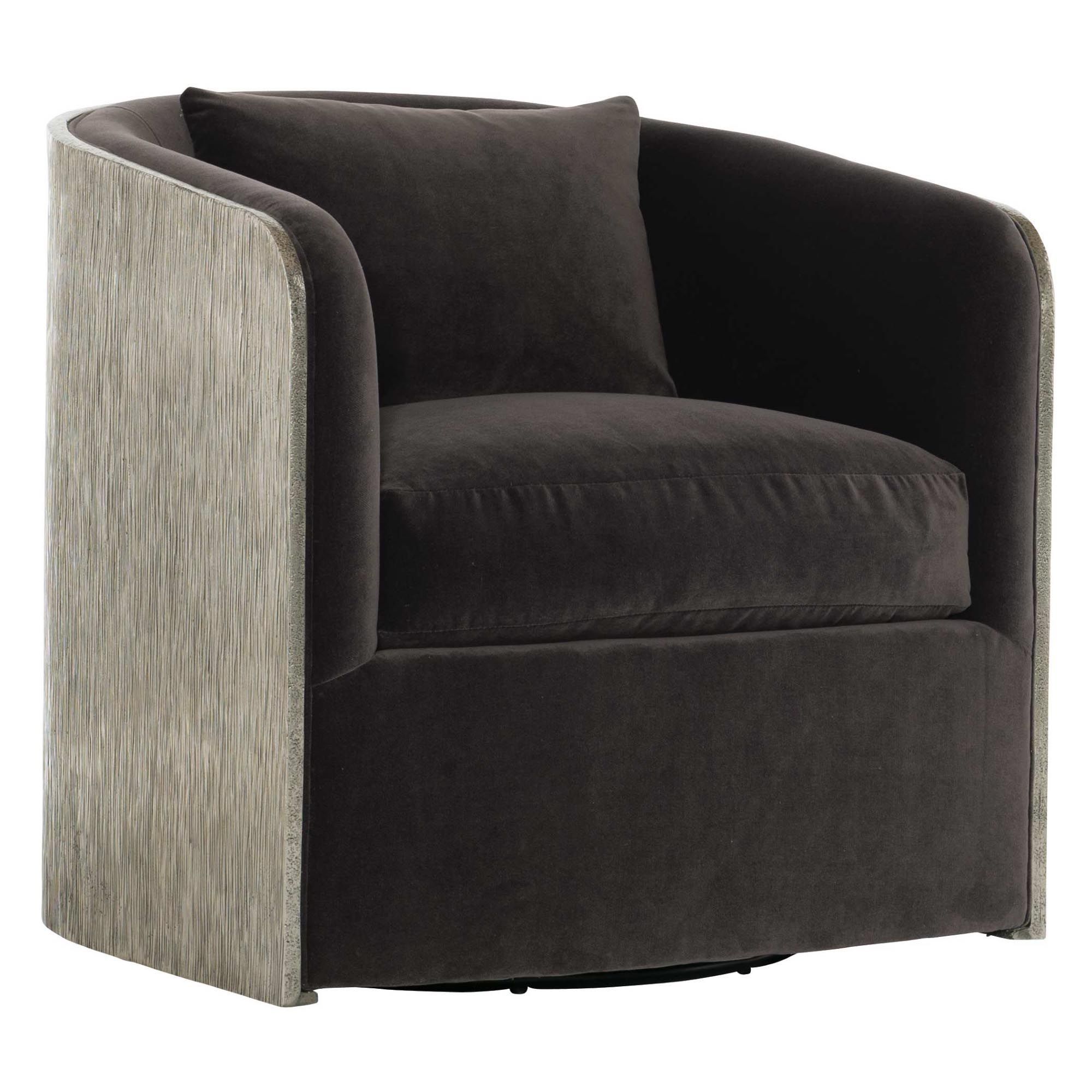 Edith Modern Classic Black Upholstered Silver Burnished Aluminum Round Swivel Arm Chair
