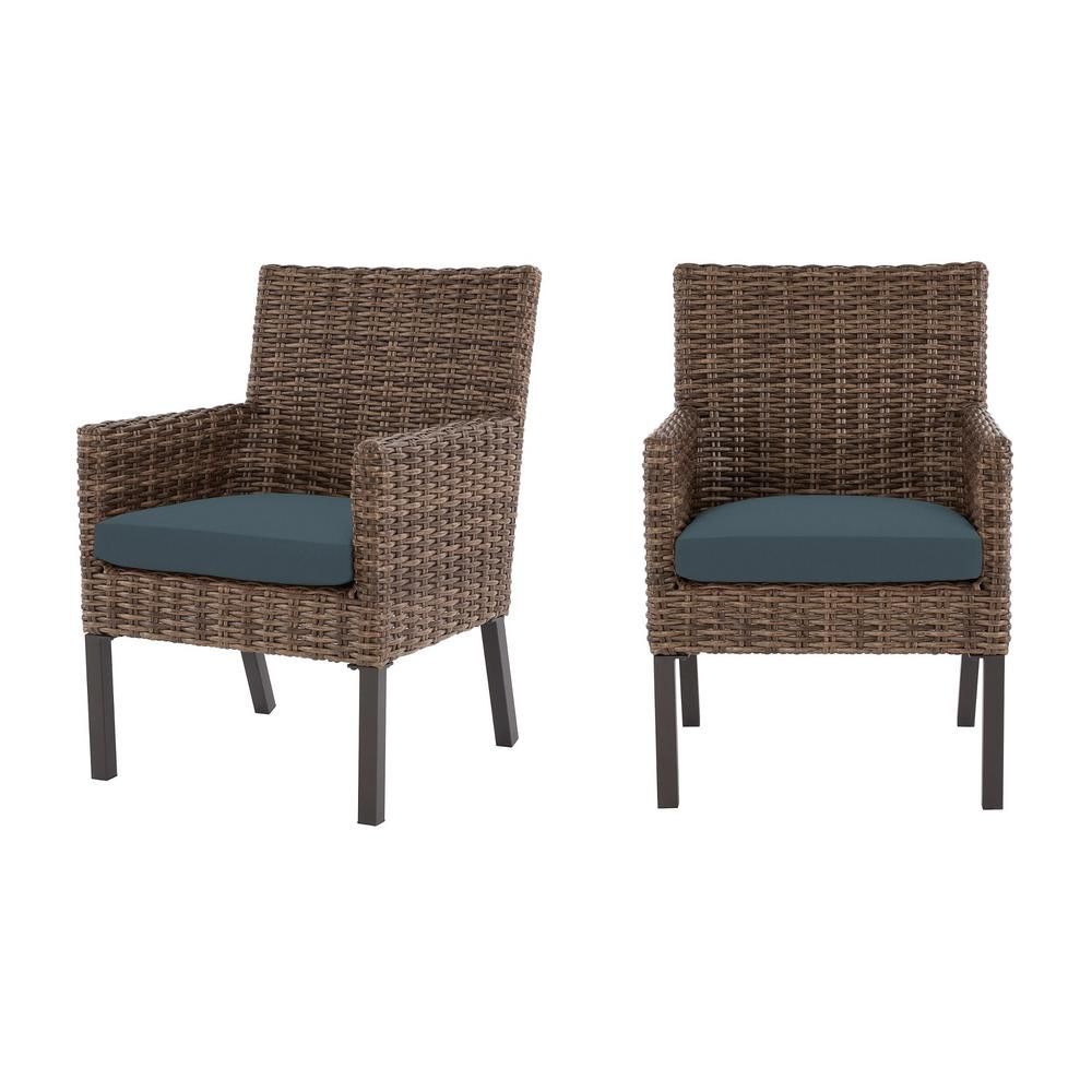Hampton Bay Fernlake Taupe Wicker Outdoor Patio Stationary Dining Chair with Sunbrella Denim Blue Cushions (2-Pack)