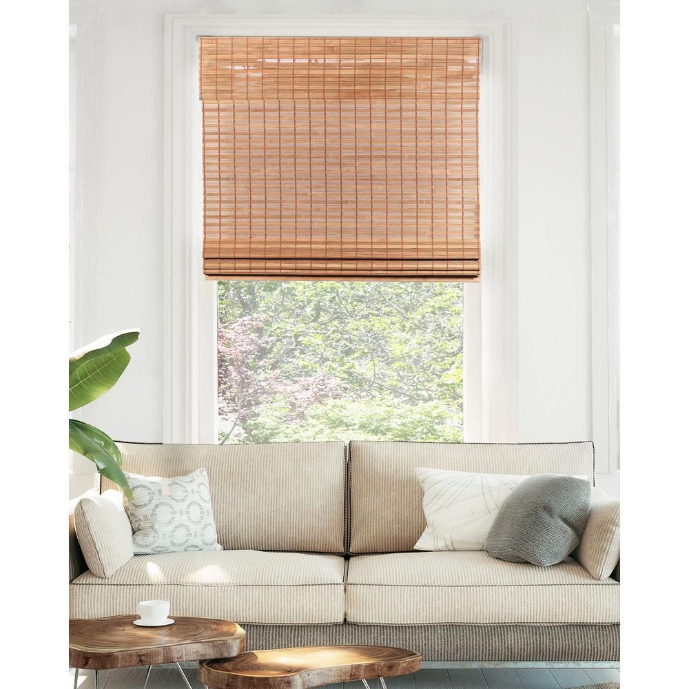 Chicology Premium True-to-Size Brown Squirrel Cordless Light Filtering Natural Woven Bamboo Roman Shade 39 in. W x 64 in. L