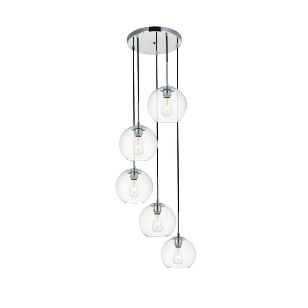 ELEGANT FURNITURE & LIGH Timeless Home Blake 5-Light Chrome Pendant with 7.9 in. W x 7.1 in. H Clear Glass Shade