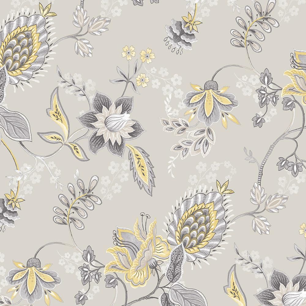 Jacobean Floral Wallpaper, Grey/Yellow