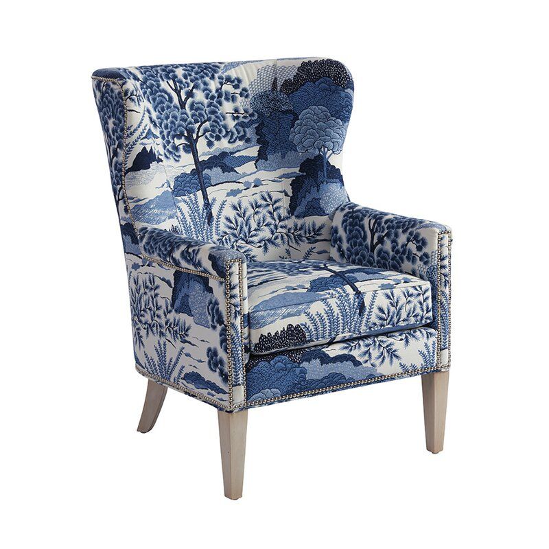 Barclay Butera Avery 30.5" Wide Down Cushion Wingback Chair Fabric: Blue Linen Blend, Leg Color: Cameo Shores