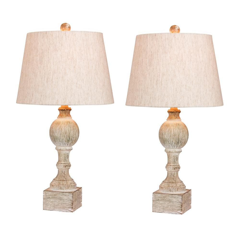 Fangio Lighting Pair of 26.5 in. Distressed Column Resin Table Lamps in a Cottage Antique White