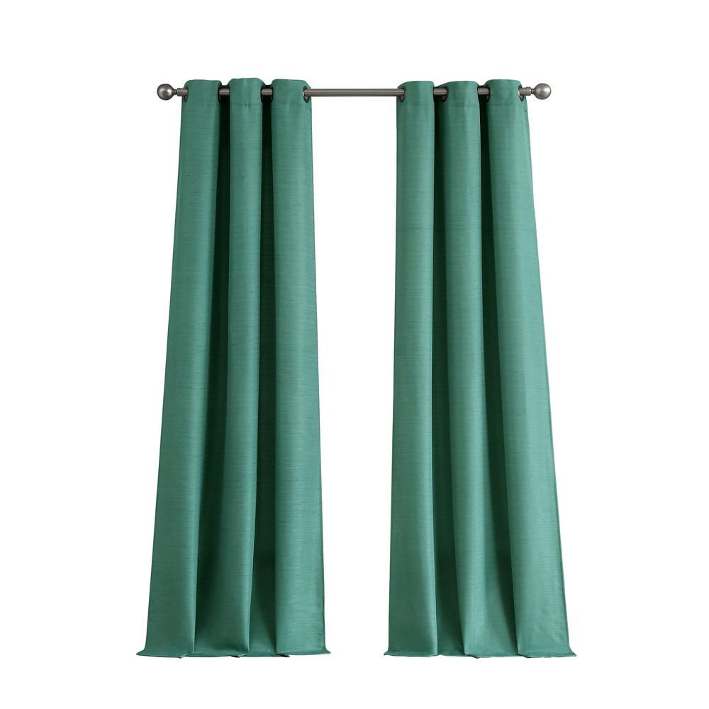 Tribeca Raw Faux Silk Grommet 76 in. x 96 in. Curtain Panel Pair in Teal (Blue)