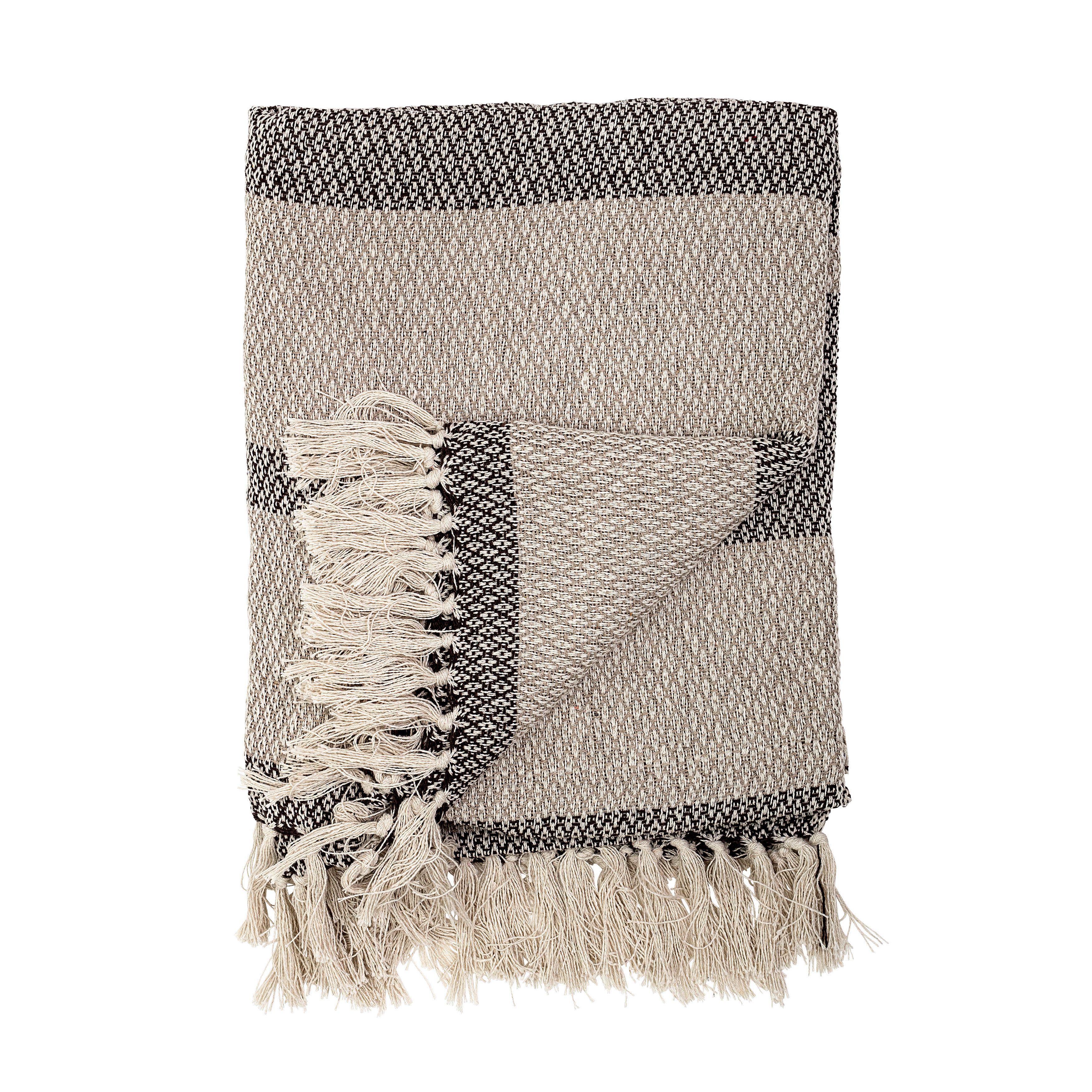 Striped Cotton Blend Knit Throw with Fringe, Gray