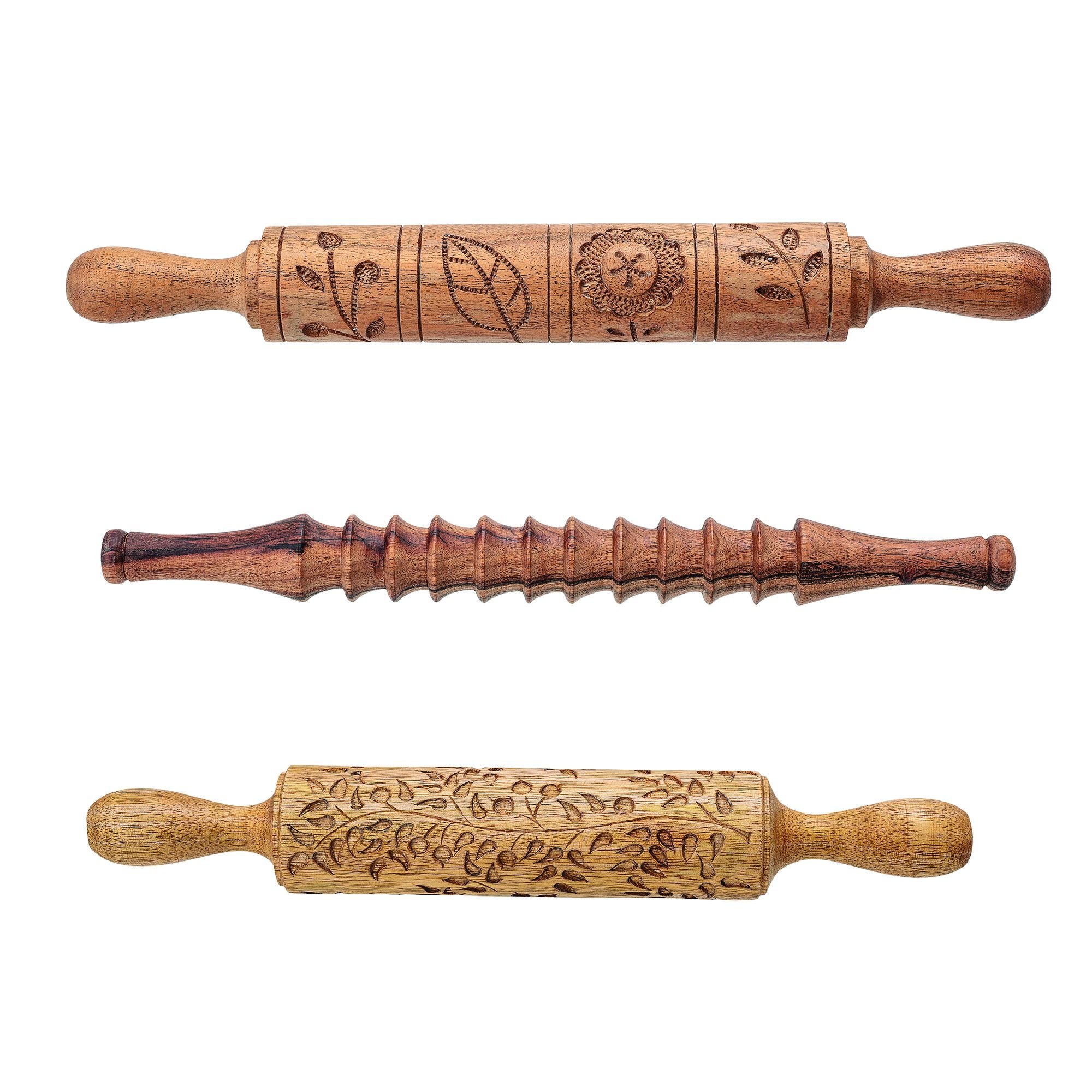 Hand-Carved Wood Rolling Pin, Set of 3 Styles