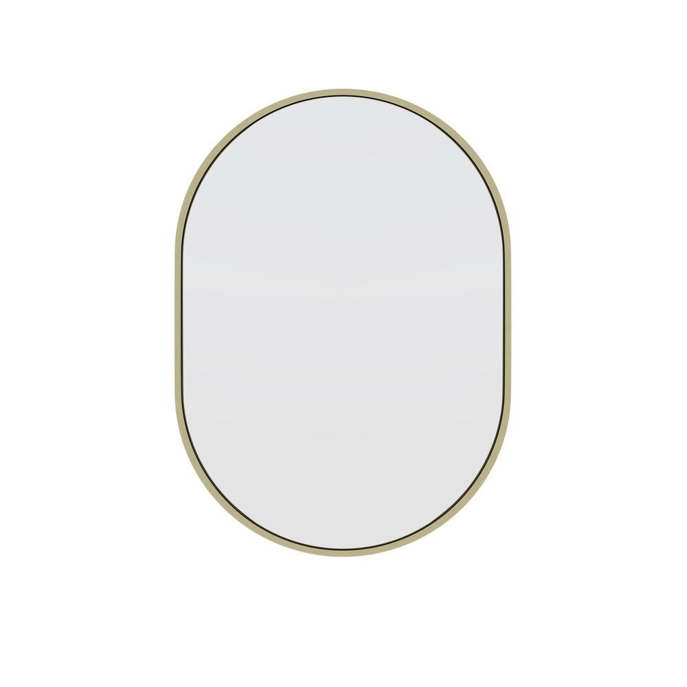 Glass Warehouse 20 in. x 28 in. Pill Shape Stainless Steel Framed Wall Mirror in Satin Brass