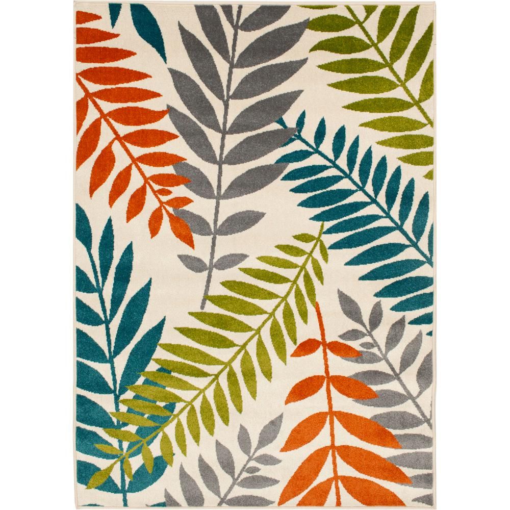 Natco Patio Brights WHITE 26 in. x7 ft. 3 in. Tropic Leaf Indoor/Outdoor Area Rug