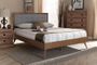 Ines Mid-Century Modern Light Grey Fabric Upholstered Walnut Brown Finished Wood King Size Platform Bed